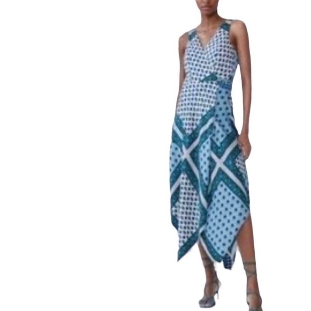 Zara Blue Patchwork Print‎ Handkerchief Hem Wrap Midi Dress XL Resort Wear Chic